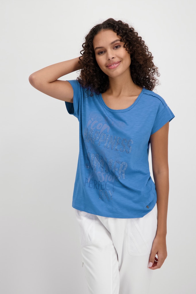 MONARI Flammgarn-Rundhals-T-Shirt mit Shop Mode - Strass Wendeln Halbarm und