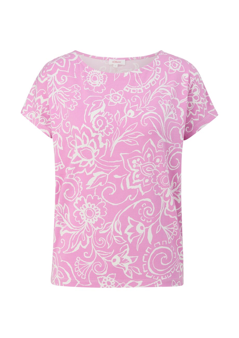 S. OLIVER Damen T-Shirt mit Rundhalsausschnitt - Rosa und Blau gemustert