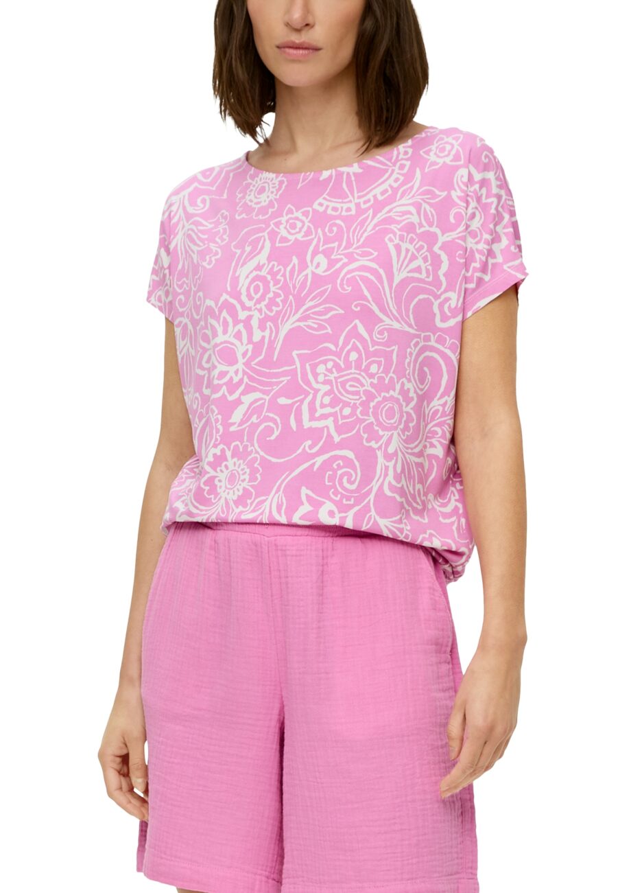 S. OLIVER Damen T-Shirt mit Rundhalsausschnitt - Rosa und Blau gemustert