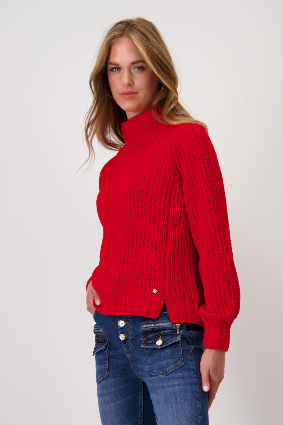 MONARI Damen Chenille-Strickpullover mit Stehkragen in deep red