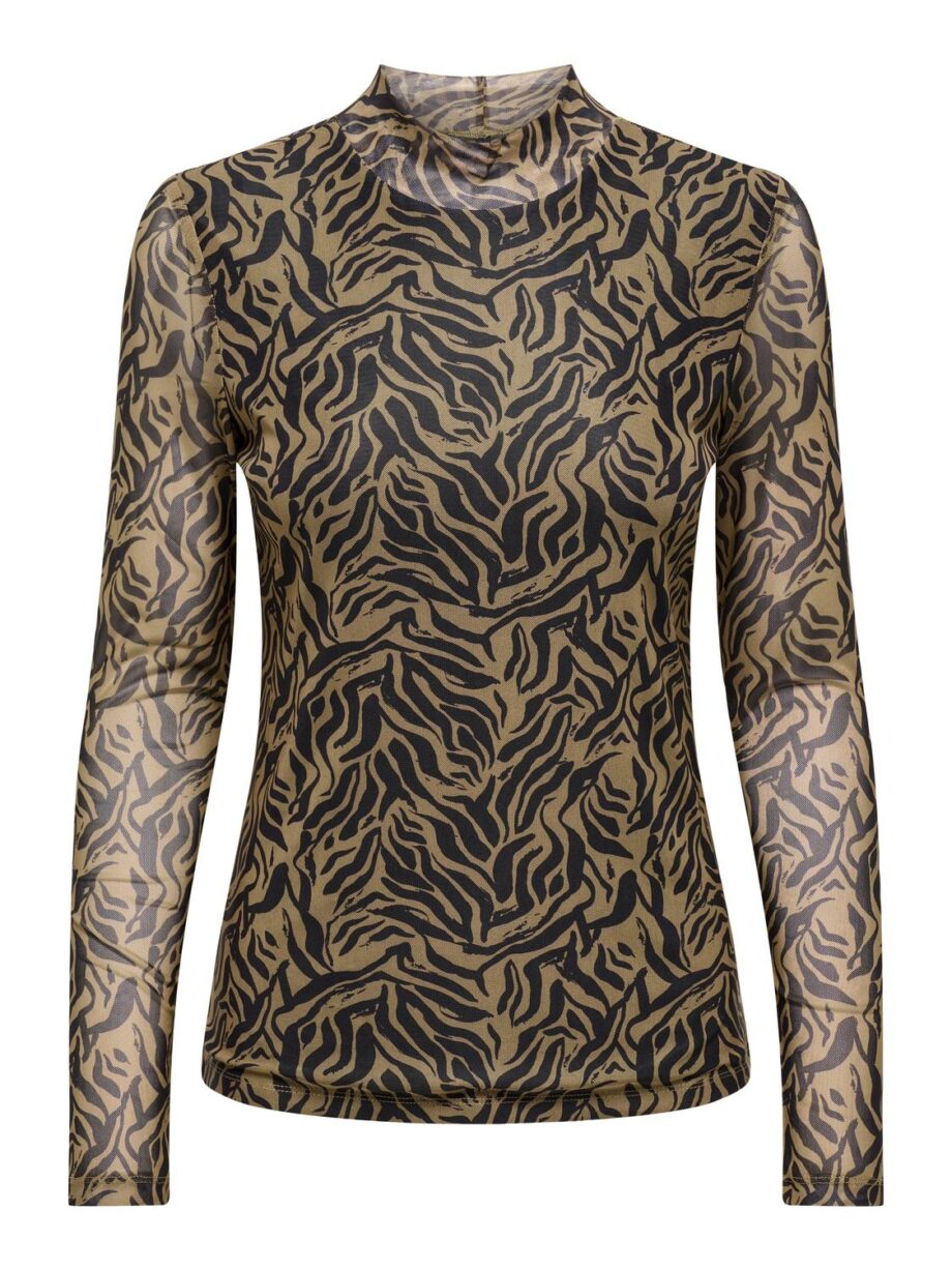 ONLY Damen Langarmshirt lässig mit High Neck und Alloverprint in Braun, Beige und Schwarz