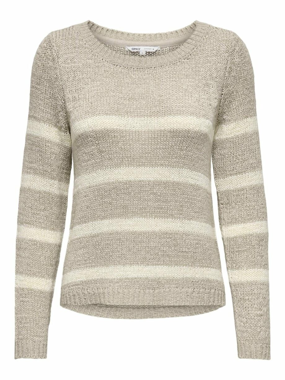 ONLY Damen Pullover Langarm gestreift in Weiß und Grau - simply taupe, sea spray