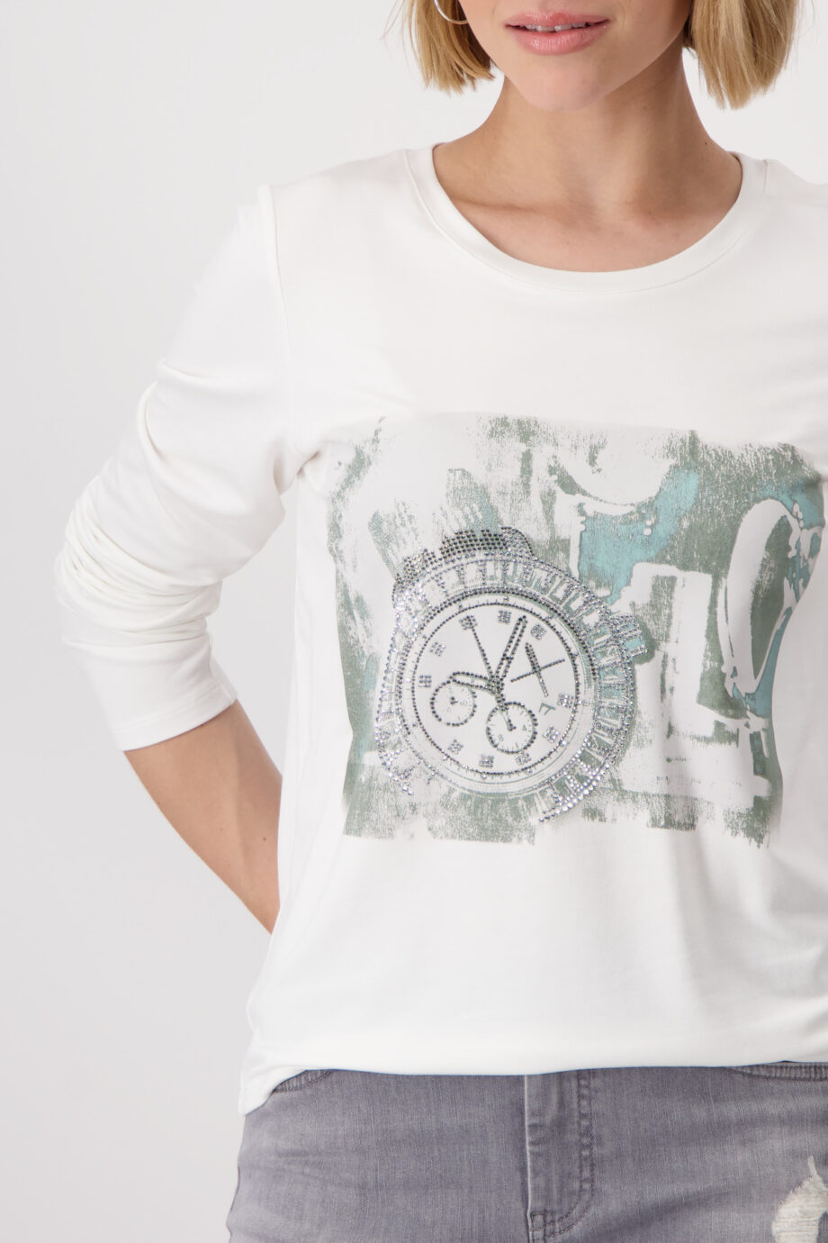 MONARI Damenshirt mit Uhren-Print in off-white