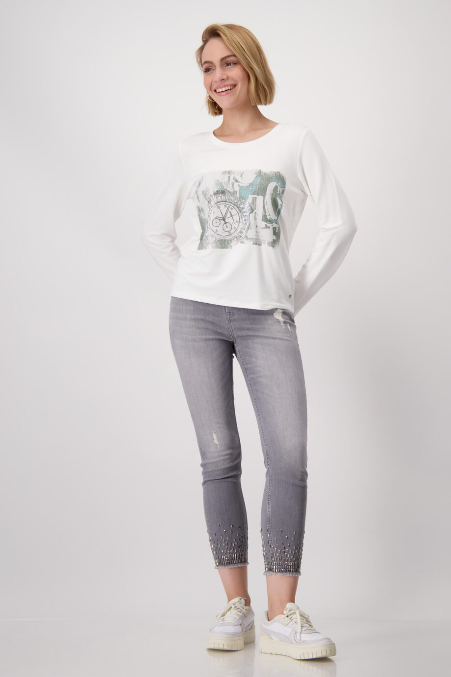 MONARI Damenshirt mit Uhren-Print in off-white