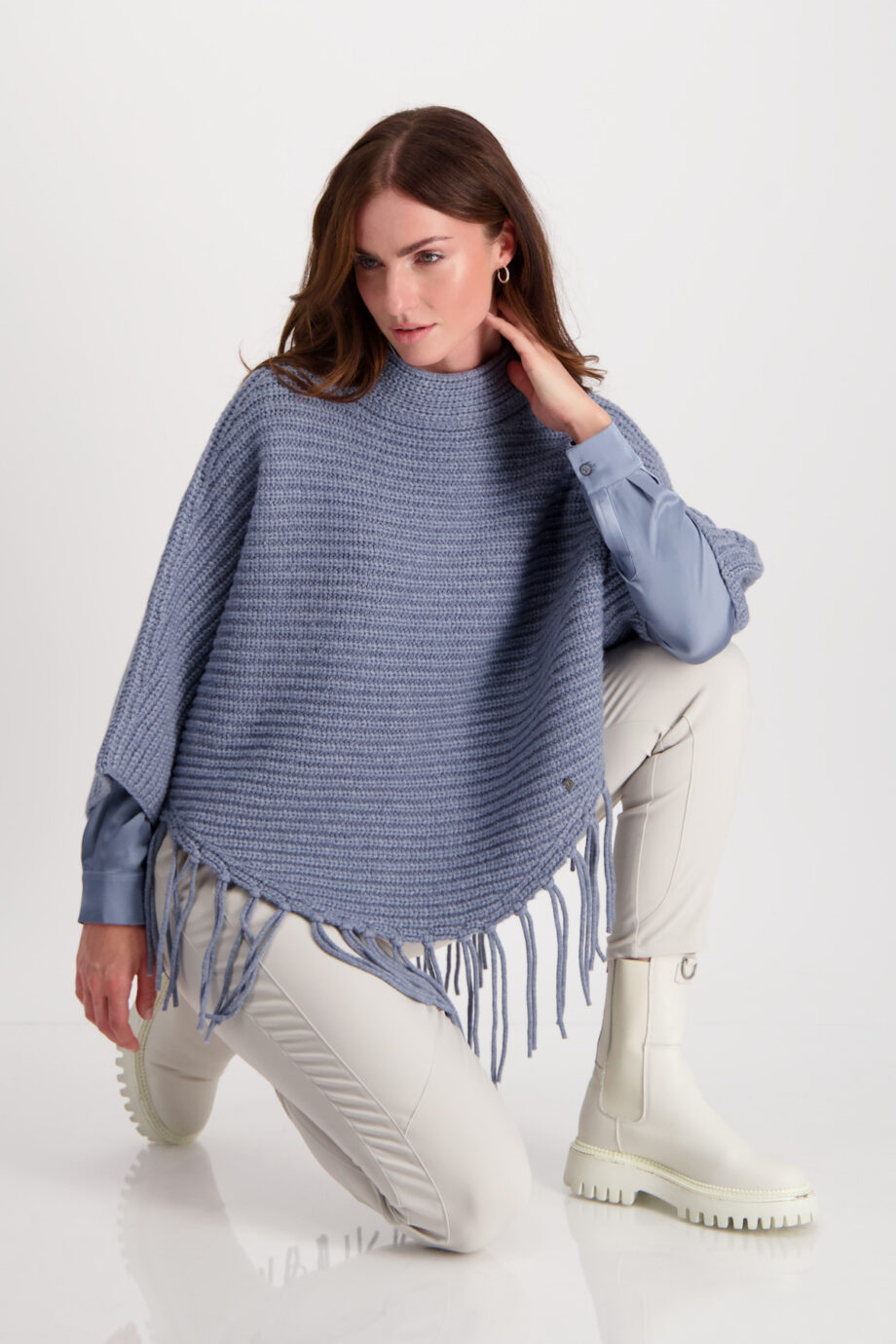 MONARI Damen Poncho mit Fransen in Blau - smokey blue