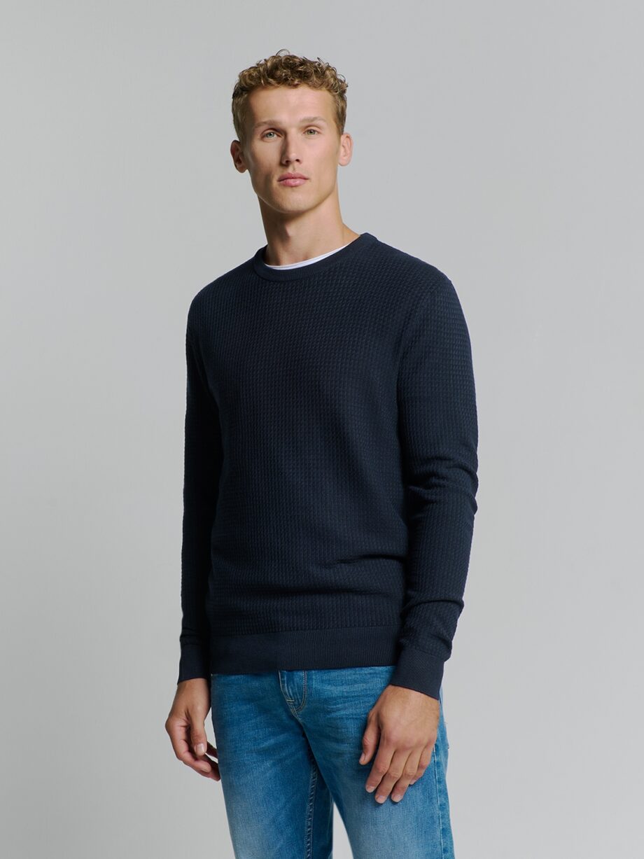 NO EXCESS Herren Pullover mit Waffelmuster in Dunkelblau