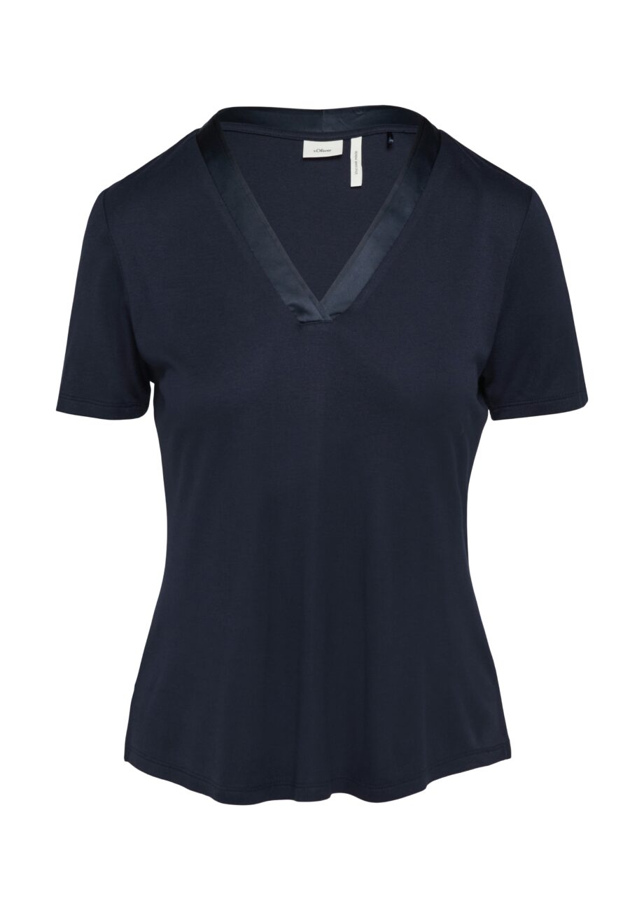 s.Oliver BLACK LABEL Damen T-Shirt mit Satinausschnitt in cremeweiß und navyblau