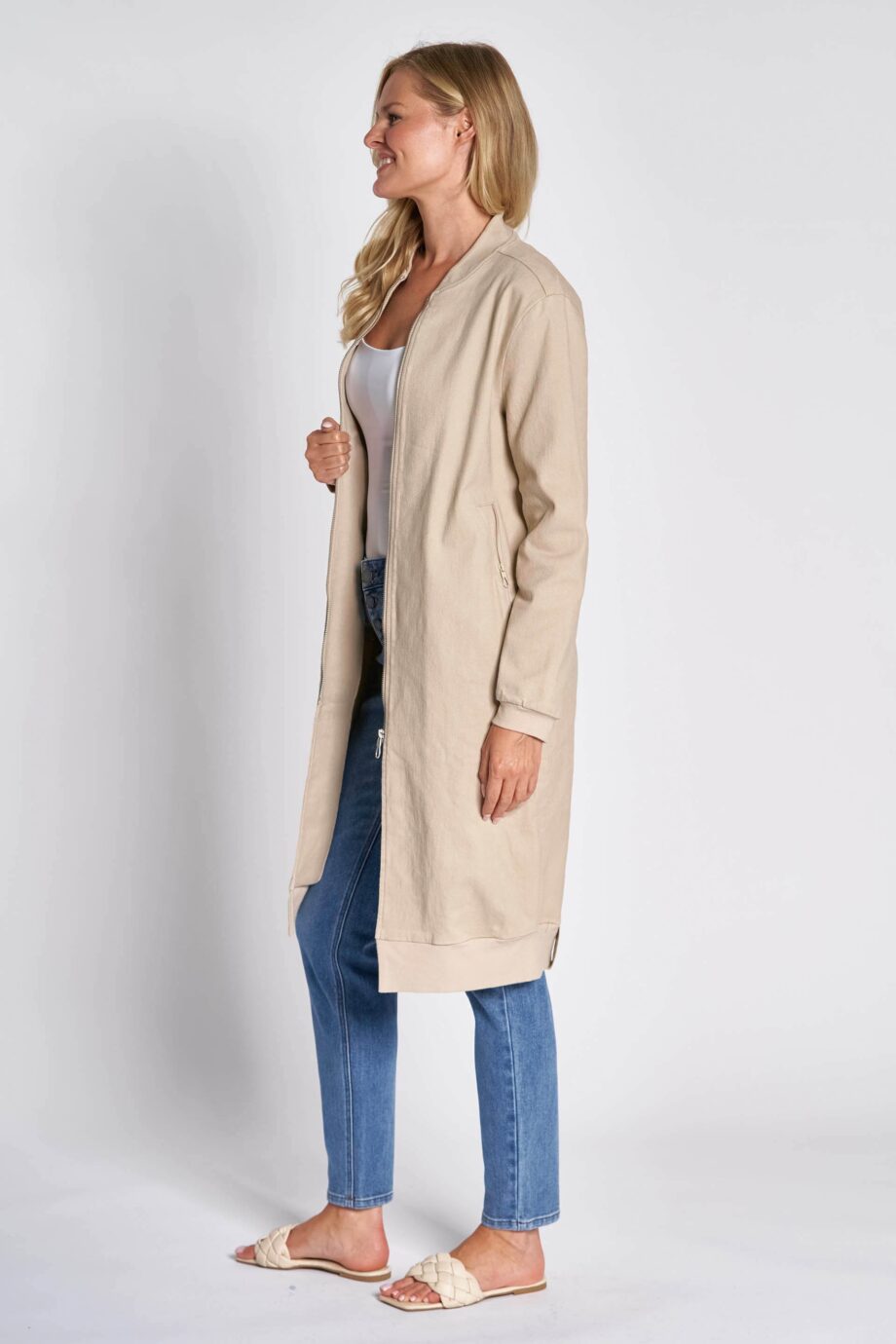 ZHRILL Lange Damen-Jeansjacke mit Collegekragen ZHMEENA in sand