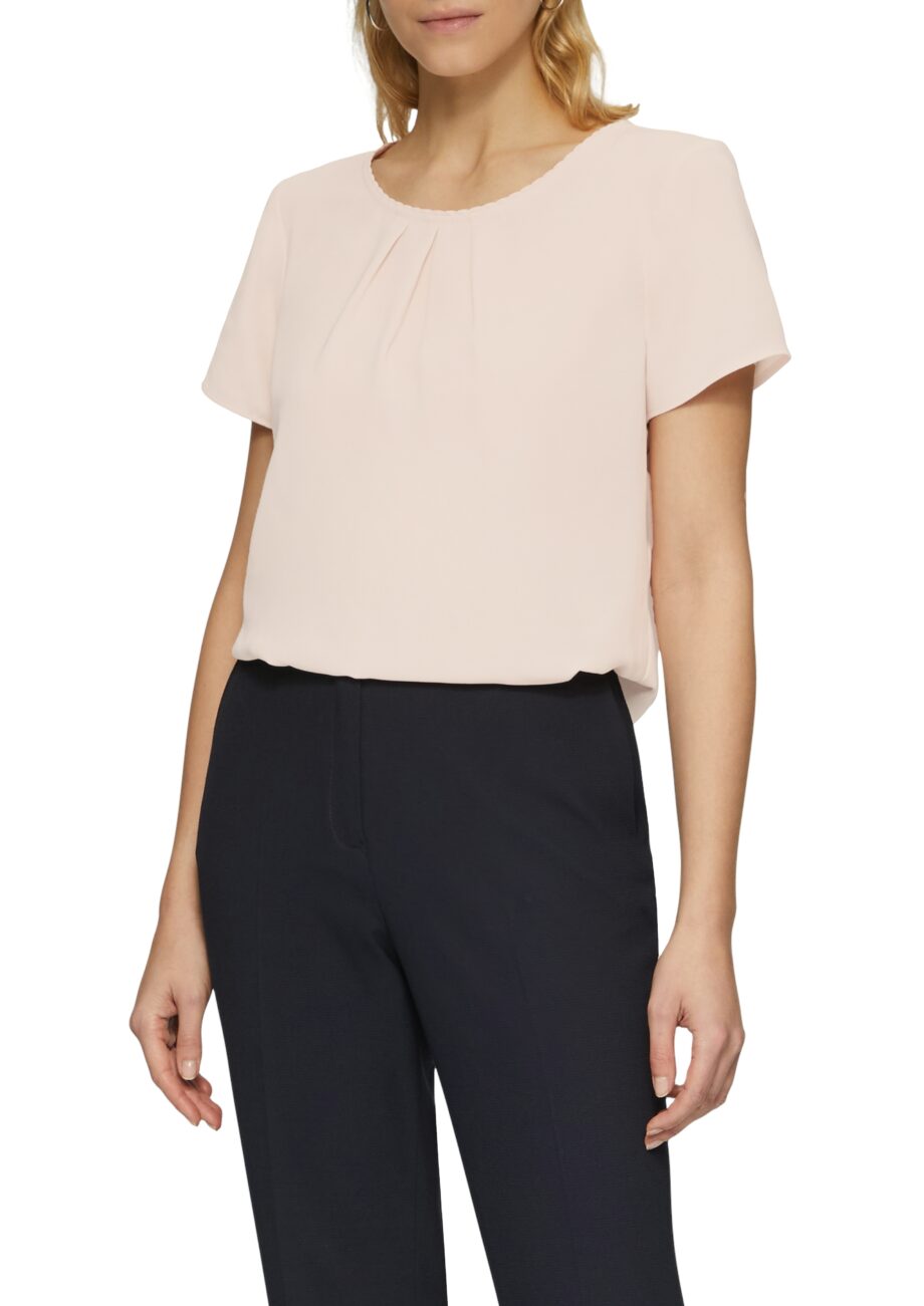 s.Oliver BLACK LABEL Damen Kurzarmbluse aus Crêpe mit Schmuckkante in rosa