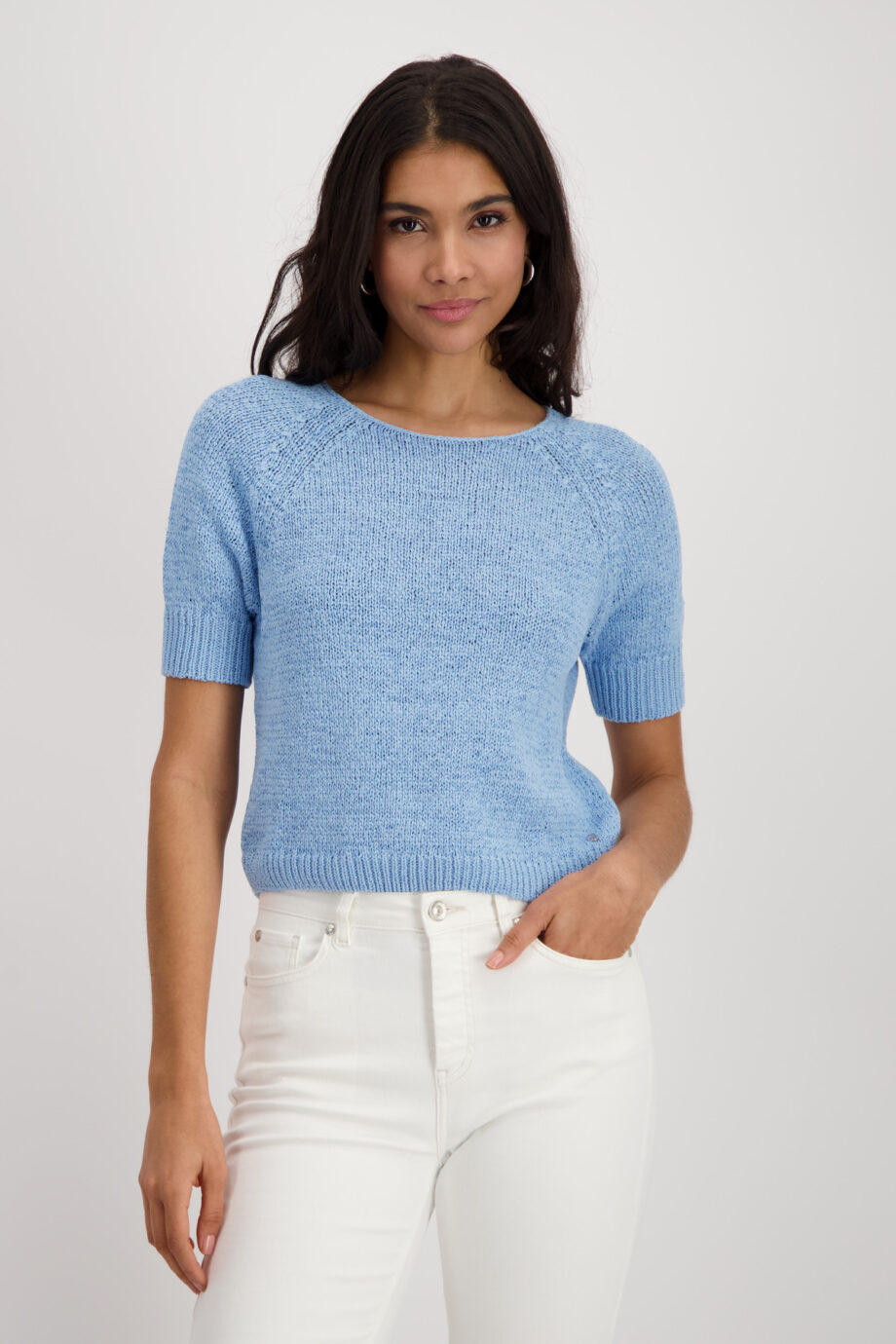 MONARI Damen Strickpullover mit Bändchengarn und kurzen Ärmeln in spring water blue