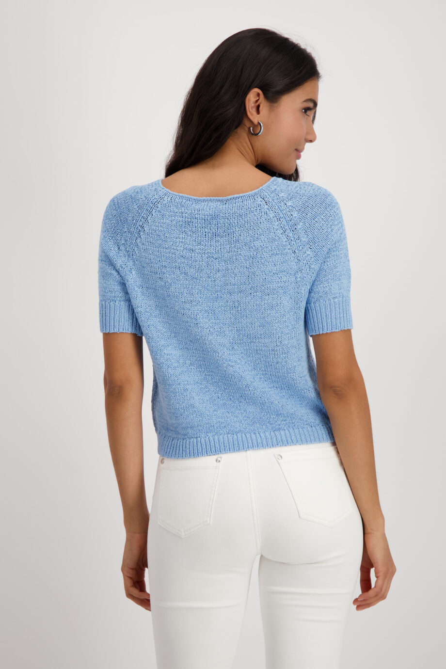 MONARI Damen Strickpullover mit Bändchengarn und kurzen Ärmeln in spring water blue